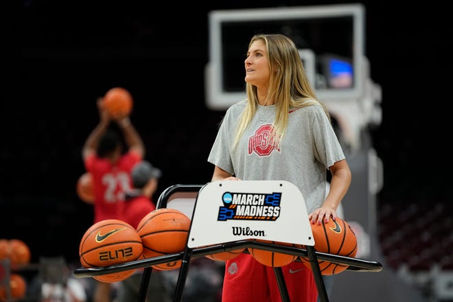 Oct 19, 2023; Columbus, Ohio, USA; Ohio State Buckeyes guard Jacy Sheldon (4) helps out with a three point contest during an open practice at Value City Arena.