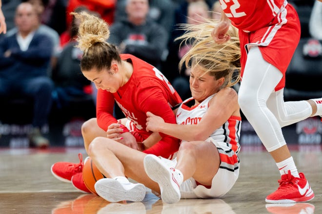 Nov 26, 2023; Columbus, OH, USA;
Ohio State Buckeyes guard Jacy Sheldon (4) fights for the ball against Cornell Big Red guard Kaya Ingram (20) during their game on Sunday, Nov. 26, 2023 at Value City Arena.