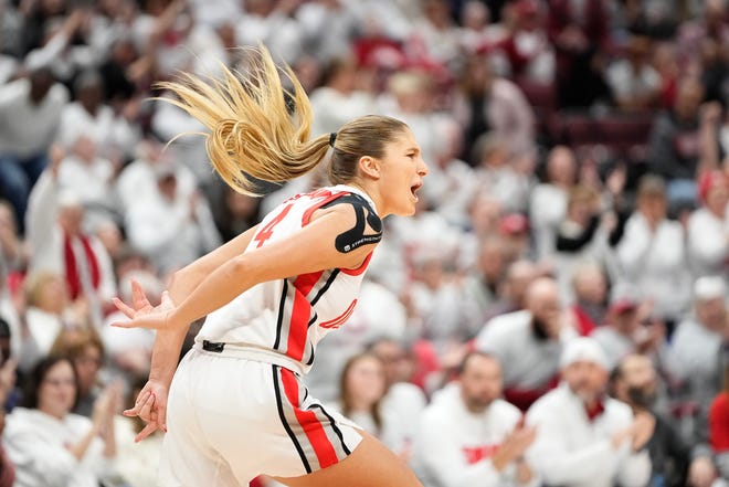 Dec 18, 2023; Columbus, OH, USA; Ohio State Buckeyes guard Jacy Sheldon (4) reacts after making a shot during the first half of the NCAA women’s basketball game against the UCLA Bruins at Value City Arena.