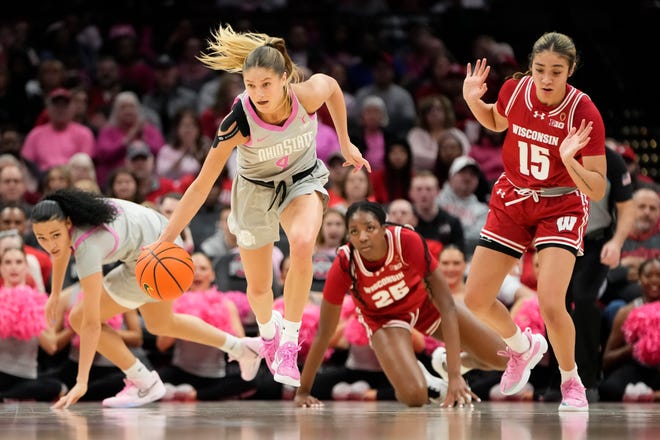 Feb 1, 2024; Columbus, OH, USA; Ohio State Buckeyes guard Jacy Sheldon (4) dribbles past Wisconsin Badgers guard Sania Copeland (15) during the first half of the NCAA women’s basketball game at Value City Arena.
