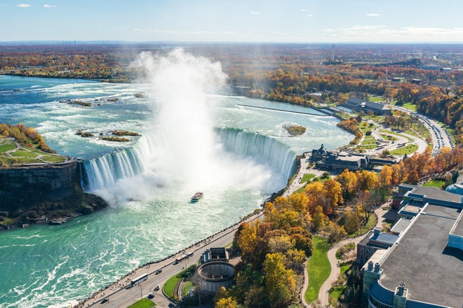 Horseshoe Falls, one of the three waterfalls that make up Niagara Falls, lies predominantly in Canada