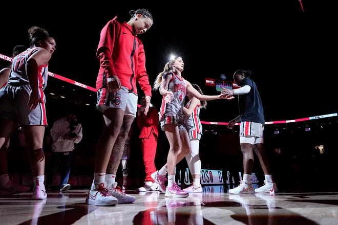 Feb 14, 2024; Columbus, Ohio, USA; Ohio State Buckeyes guard Jacy Sheldon (4) is introduced prior to the NCAA women’s basketball game against the Nebraska Cornhuskers at Value City Arena.
