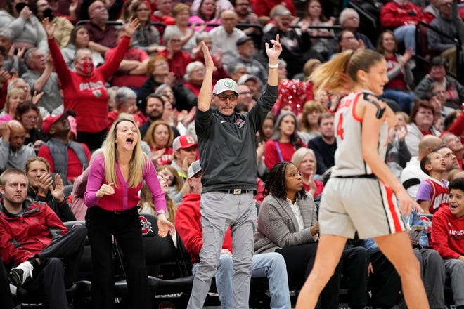 Feb 14, 2024; Columbus, Ohio, USA; Fans cheer after Ohio State Buckeyes guard Jacy Sheldon (4) hit a three pointer during the first half of the NCAA women’s basketball game against the Nebraska Cornhuskers at Value City Arena.