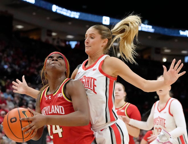 Feb. 25, 2024; Columbus, Ohio, USA; 
Maryland Terrapins guard Bri McDaniel (24) is guarded by Ohio State Buckeyes guard Jacy Sheldon (4) during the second quarter of an NCAA Division I basketball game at Value City Arena on Sunday.