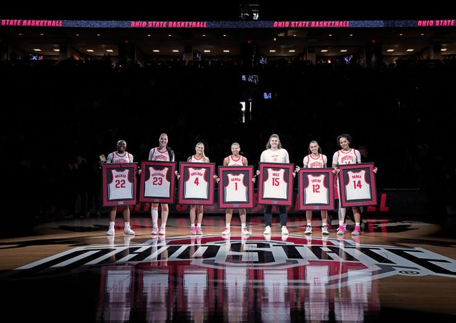 Feb. 25, 2024; Columbus, Ohio, USA; 
Recognized on Senior Day for the Ohio State Buckeyes were: Ohio State Buckeyes forward Eboni Walker (22), Ohio State Buckeyes forward Rebeka Mikulasikova (23), Ohio State Buckeyes guard Jacy Sheldon (4), Ohio State Buckeyes guard Rikki Harris (1), Ohio State Buckeyes forward Karla Vres (15), Ohio State Buckeyes guard Celeste Taylor (12) and Ohio State Buckeyes forward Taiyier Parks (14) before an NCAA Division I basketball game against the Maryland Terrapins at Value City Arena on Sunday.