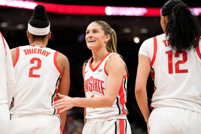 Feb 28, 2024; Columbus, OH, USA; Ohio State Buckeyes guard Jacy Sheldon (4) smiles during the second half of the NCAA women’s basketball game against the Michigan Wolverines at Value City Arena. Ohio State won 67-51.