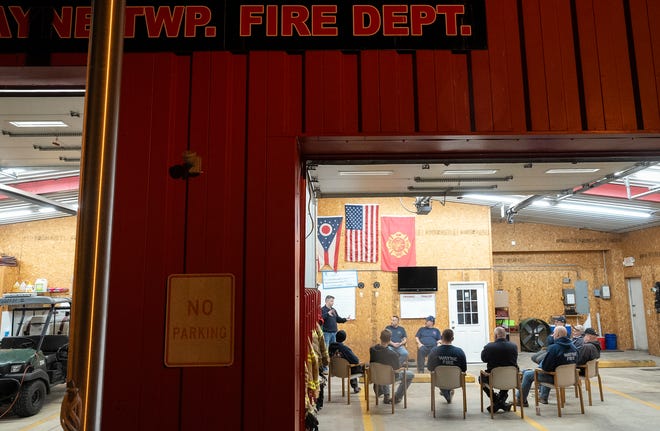 Mar 5, 2024; Greenfield, OH, United States; Volunteer firefighters gather for a meeting at the Wayne Township Fire Department in Good Hope, Ohio. Volunteers gather once a month to inventory the equipment and make sure itÕs working correctly.