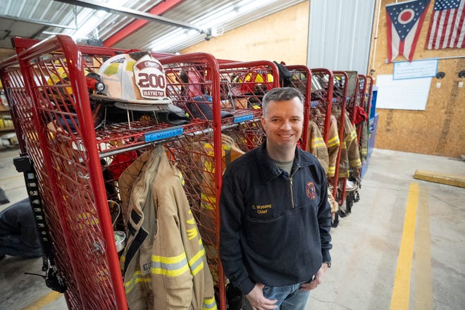 Mar 5, 2024; Greenfield, OH, United States; (from left) Fire Chief Chris Wysong stands in the Wayne Township Fire Department in Good Hope, Ohio.