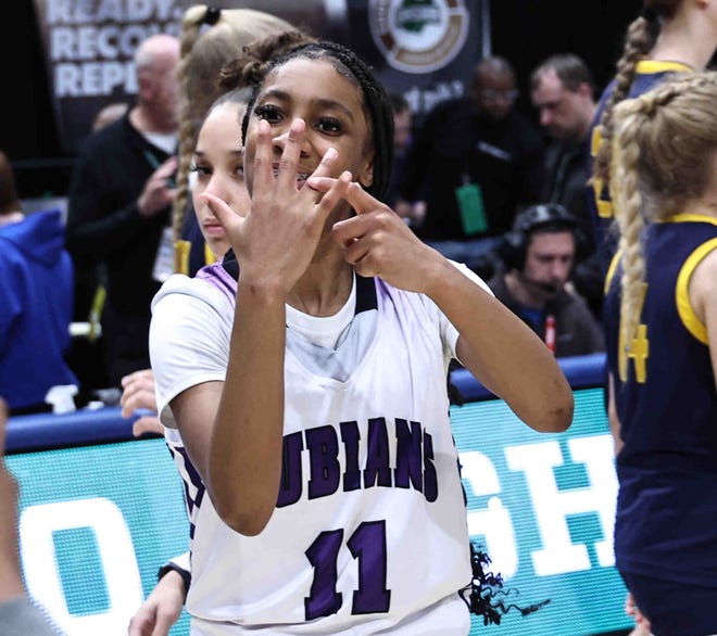 Africentric's Shaunie Little (11) reacts after beating Ottawa-Glandorf in the OHSAA Division III state championship Saturday, March 16, 2024.