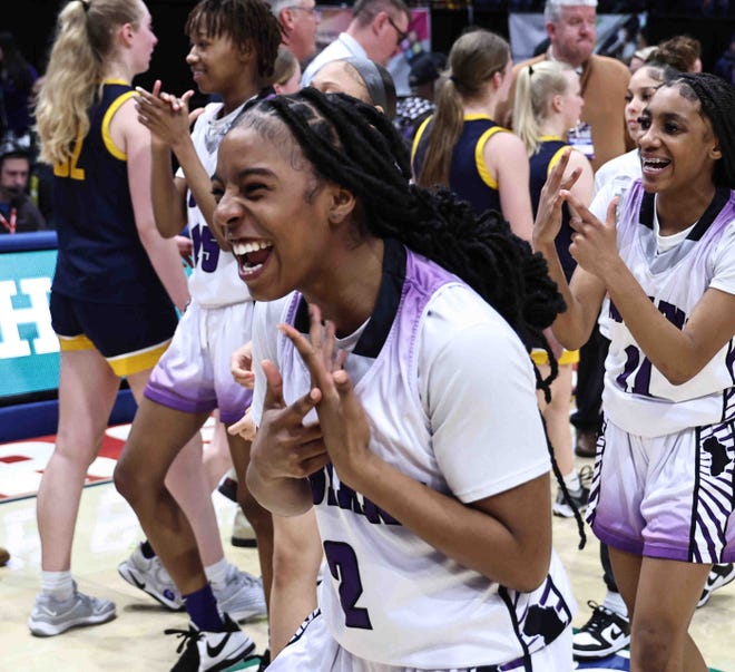 Africentric's Nevaeh White (2) reacts after beating Ottawa-Glandorf in the OHSAA Division III state championship Saturday, March 16, 2024.