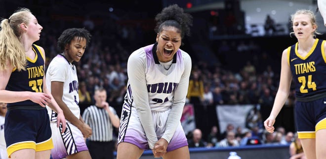 Africentric's Natiah Nelson (21) reacts during the game with Ottawa-Glandorf in the OHSAA Division III state championship Saturday, March 16, 2024.