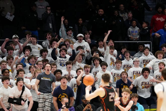 Mar 23, 2024; Dayton, Ohio, USA; Cleveland St. Ignatius fans explode with emotion as Delaware Hayes races to the basket with seconds left on the clock during the Division I state semifinal at University of Dayton Arena.