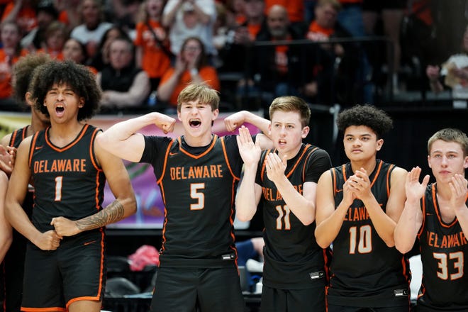 Mar 23, 2024; Dayton, Ohio, USA; Delaware Hayes players celebrate a comeback against Cleveland St. Ignatius, during the Division I state semifinal at University of Dayton Arena.
