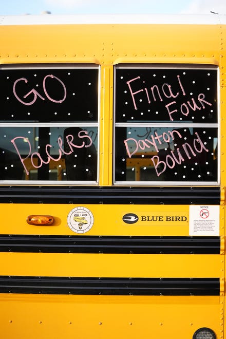 Mar 23, 2024; Dayton, Ohio, USA; The decorated bus of the Delaware Hayes players during the Division I state semifinal at University of Dayton Arena.