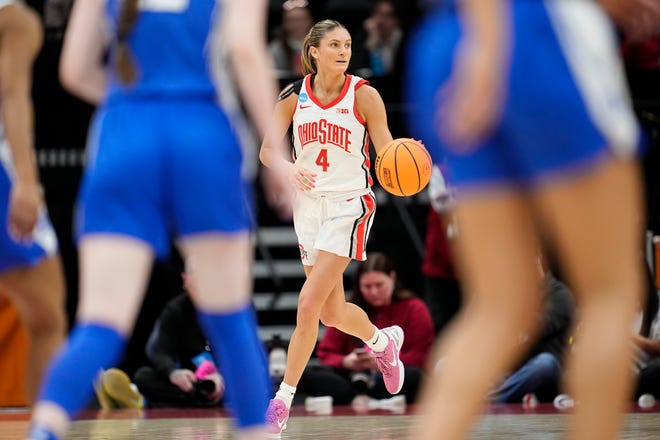 Mar 24, 2024; Columbus, OH, USA; Ohio State Buckeyes guard Jacy Sheldon (4) dribbles up court during the first half of the women’s NCAA Tournament second round against the Duke Blue Devils at Value City Arena.