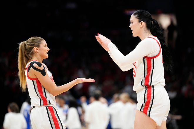 Mar 24, 2024; Columbus, OH, USA; Ohio State Buckeyes guard Jacy Sheldon (4) high fives forward Rebeka Mikulasikova (23) during the second half of the women’s NCAA Tournament second round against the Duke Blue Devils at Value City Arena. Ohio State lost 75-63.