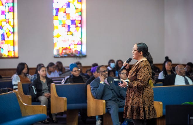 Mar 24, 2024; Columbus, OH; Cecilia Carroll speaks to the congregation during an Easter performance at the Family Missionary Baptist Church on Palm Sunday.