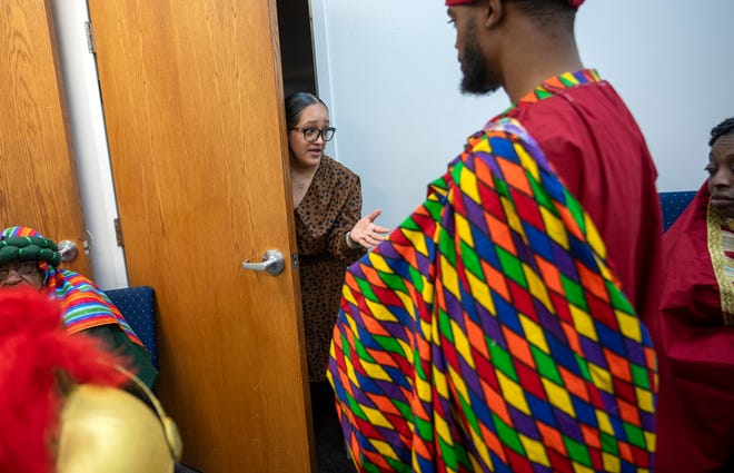 Mar 24, 2024; Columbus, OH; Cecilia Carroll speaks to the performers before they go onstage during an Easter performance at the Family Missionary Baptist Church on Palm Sunday.