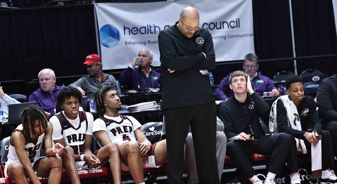 Harvest Prep head coach David Dennis Sr. reacts during the Division III state championship game against Lutheran East on Sunday, March 24, 2024.