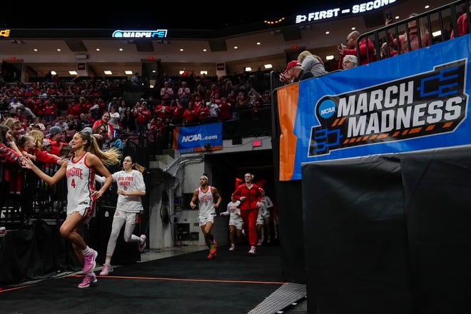Mar 24, 2024; Columbus, OH, USA; Ohio State Buckeyes guard Jacy Sheldon (4) and guard Emma Shumate (5) take the court prior to the women’s NCAA Tournament second round against the Duke Blue Devils at Value City Arena. Ohio State lost 75-63.