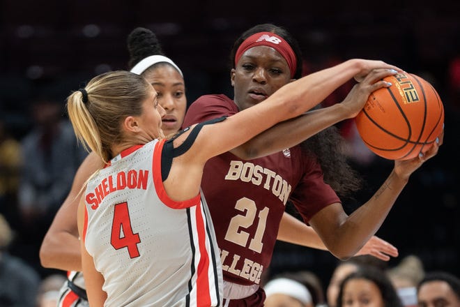 Nov 16, 2023; Columbus, OH, USA;
Ohio State Buckeyes guard Jacy Sheldon (4) attempts to steal the ball from Boston College Eagles guard Andrea Daley (21) during their game on Thursday, Nov. 16, 2023 at Value City Arena.