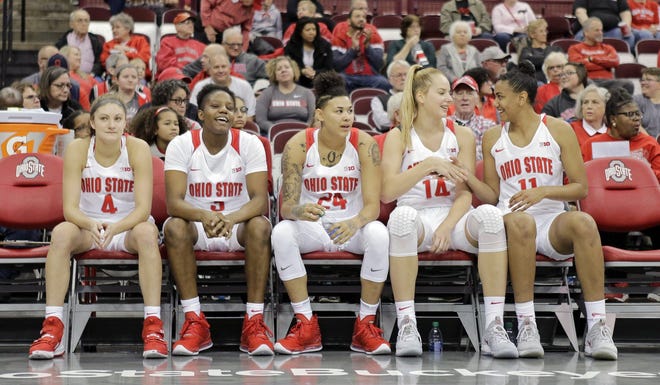 The Ohio State Buckeyes started (l-r) Jacy Sheldon (4), Janai Crooms (3), Kierstan Bell (24), Dorka Juhasz (14) and Aixa Wone Aranaz (11) for Sunday's exhibition basketball game against the Urbana Blue Knights at Value City Arena in the Jerome Schottenstein Center in Columbus on November 3, 2019. Ohio State won the game 131-50. [Barbara J. Perenic/Dispatch]