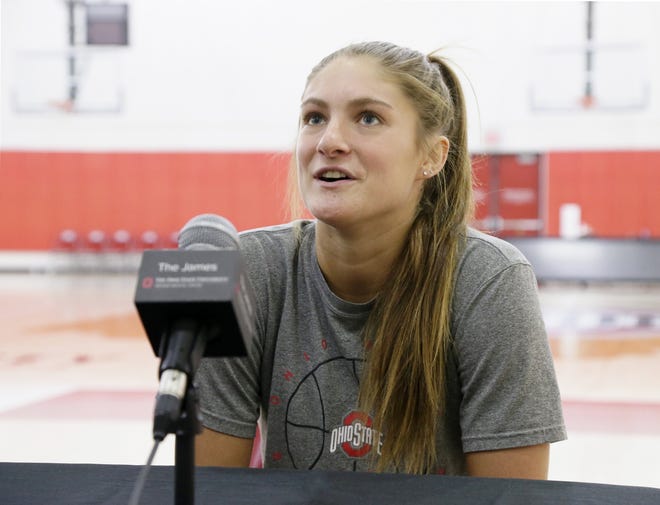 Ohio State basketball player Jacy Sheldon is interviewed at the Schottenstein Center in Columbus on Monday, November 1, 2021.