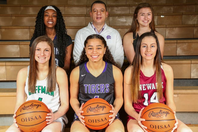 Columbus Dispatch All-Metro Girls Basketball team, from front to back, left to right, Dublin Coffman junior Jacy Sheldon, Pickerington Central junior Madison Greene, Newark junior Katie Shumate, Columbus Africentric junior Jordan Horston, Pickerington Central head coach Johnathan Hedgepeth and Upper Arlington junior Macy Spielman pose for a portrait on Monday, March 12, 2018 at Ohio Dominican University in Columbus, Ohio. [Joshua A. Bickel/Dispatch]