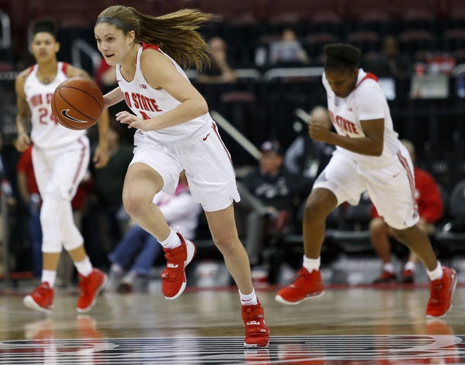 Ohio State freshman Jacy Sheldon (4) breaks away after stealing the ball during the exhibition game between the Ohio State Buckeyes and the Urbana Blue Knights at the Schottenstein Center in Columbus, Ohio on Sunday, Nov. 3, 2019. [Maddie Schroeder/Dispatch]