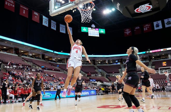 Ohio State Buckeyes guard Jacy Sheldon (4) makes a layup during the third quarter of the NCAA women's basketball game against the Bellarmine Knights at Value City Arena in Columbus on Tuesday, Nov. 23, 2021.