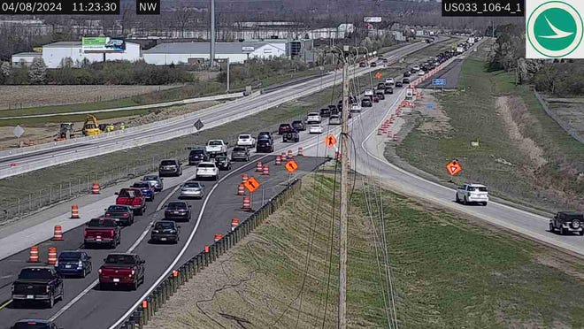 An Ohio Department of Transportation camera shows traffic beginning to back up at U.S. 33 and U.S. 42 in the Columbus area as the eclipse approaches