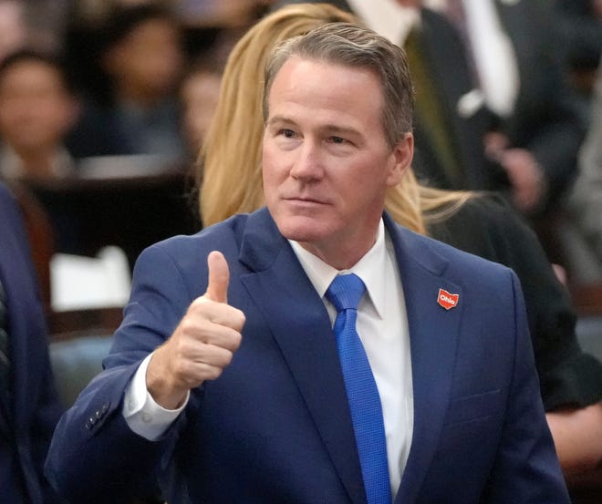 April 10, 2024; Columbus, Ohio, USA; 
Lt. Governor Jon Husted gives a thumbs up in the Ohio House chambers before Governor Mike DeWine gave his 2024 State of the State address at the Ohio Statehouse on Wednesday afternoon.