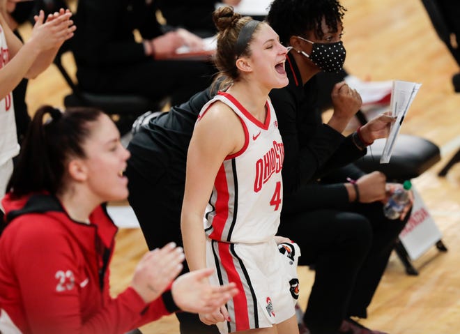 Ohio State Buckeyes guard Jacy Sheldon (4) cheers after an and-1 during the fourth quarter of a NCAA Division I women's basketball game between the Ohio State Buckeyes and the Kent State Golden Flashes on Wednesday, Dec. 2, 2020 at the Covelli Center in Columbus, Ohio.