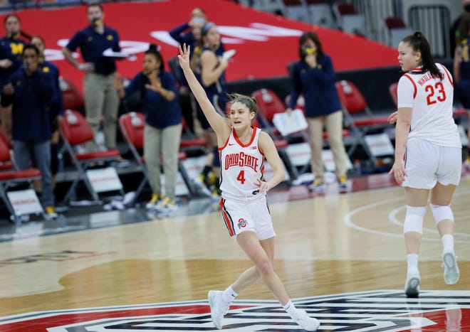 Ohio State Buckeyes guard Jacy Sheldon (4) celebrates a late three pointer during the fourth quarter of the women's college basketball game against the Michigan Wolverines at Value City Arena in Columbus on Thursday, Jan. 21, 2021. Ohio State won 81-77.