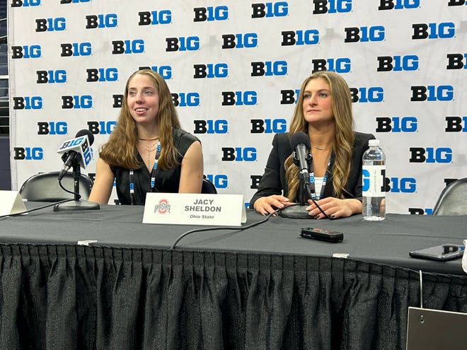 Ohio State's Taylor Mikesell (left) and Jacy Sheldon speak to reporters at Big Ten media day at the Target Center in Minneapolis on Oct. 12, 2022.