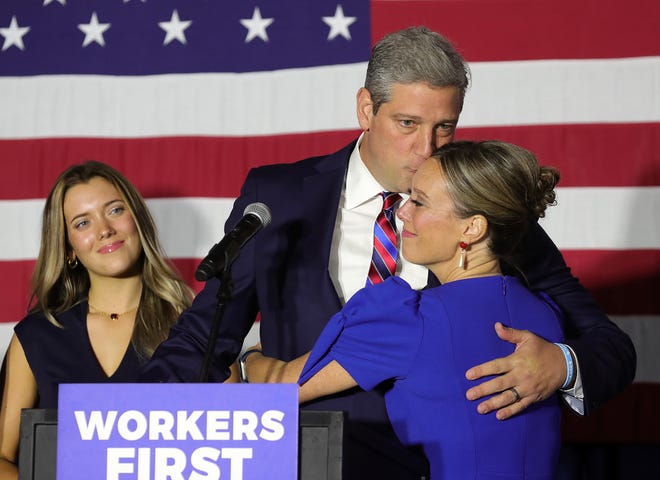 Democratic senate candidate Tim Ryan embraces his wife Andrea after the race was called for Republican JD Vance during an election night gathering at Mr. Anthony's Banquet Center, Tuesday, Nov. 8, 2022, in Boardman, Ohio.