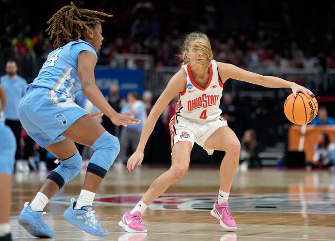 Mar 20, 2023; Columbus, OH, USA; Ohio State Buckeyes guard Jacy Sheldon (4) dribbles the ball up court against North Carolina Tar Heels guard Kayla McPherson (14) during the third quarter of the NCAA second round game at Value City Arena.