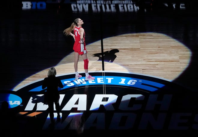 March 27, 2023; Seattle, WA, USA; Ohio State Buckeyes guard Jacy Sheldon (4) is introduced before the start of an NCAA Tournament Elite Eight basketball game against the Virginia Tech Hokies at Climate Pledge Arena in Seattle on Monday. 
Mandatory Credit: Barbara J. Perenic/Columbus Dispatch